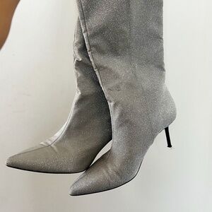 Silver Sparkly Knee High Stiletto Boots
